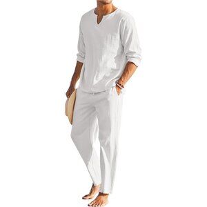 Men's 2 Pieces Cotton Linen Set Henley Shirt Long Sleeve and‎ Casual Beach Pants